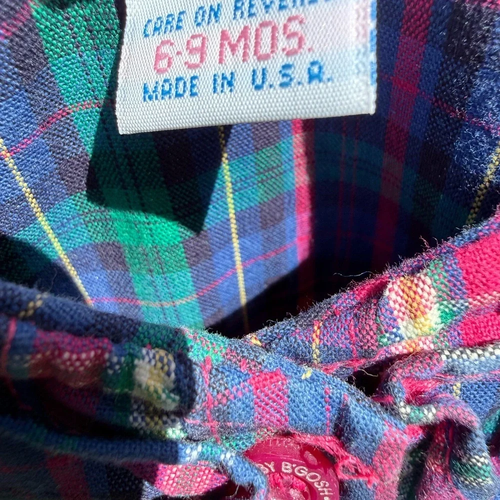 Vintage Baby B’Gosh Plaid Bubble Romper 6–9M USA Made Kitty Patch Pink Tartan